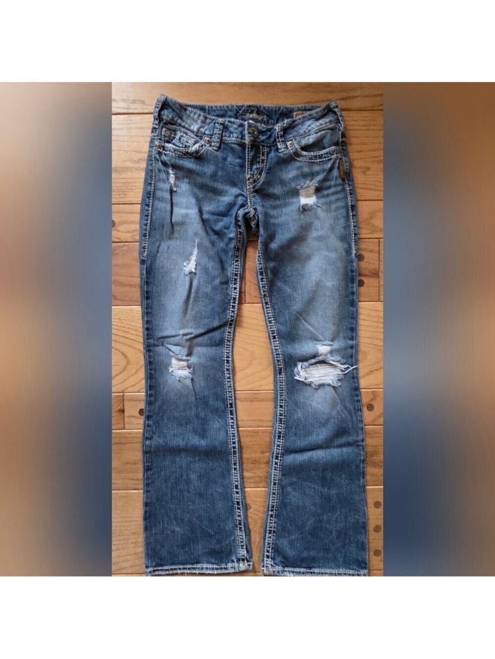 Silver Jeans Pioneer Boot Cut Distressed Blue Jeans